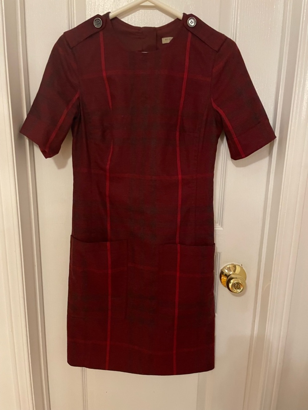 Burberry Dark Burgundy Plaid Midi Dress with Button-Shoulder Accents